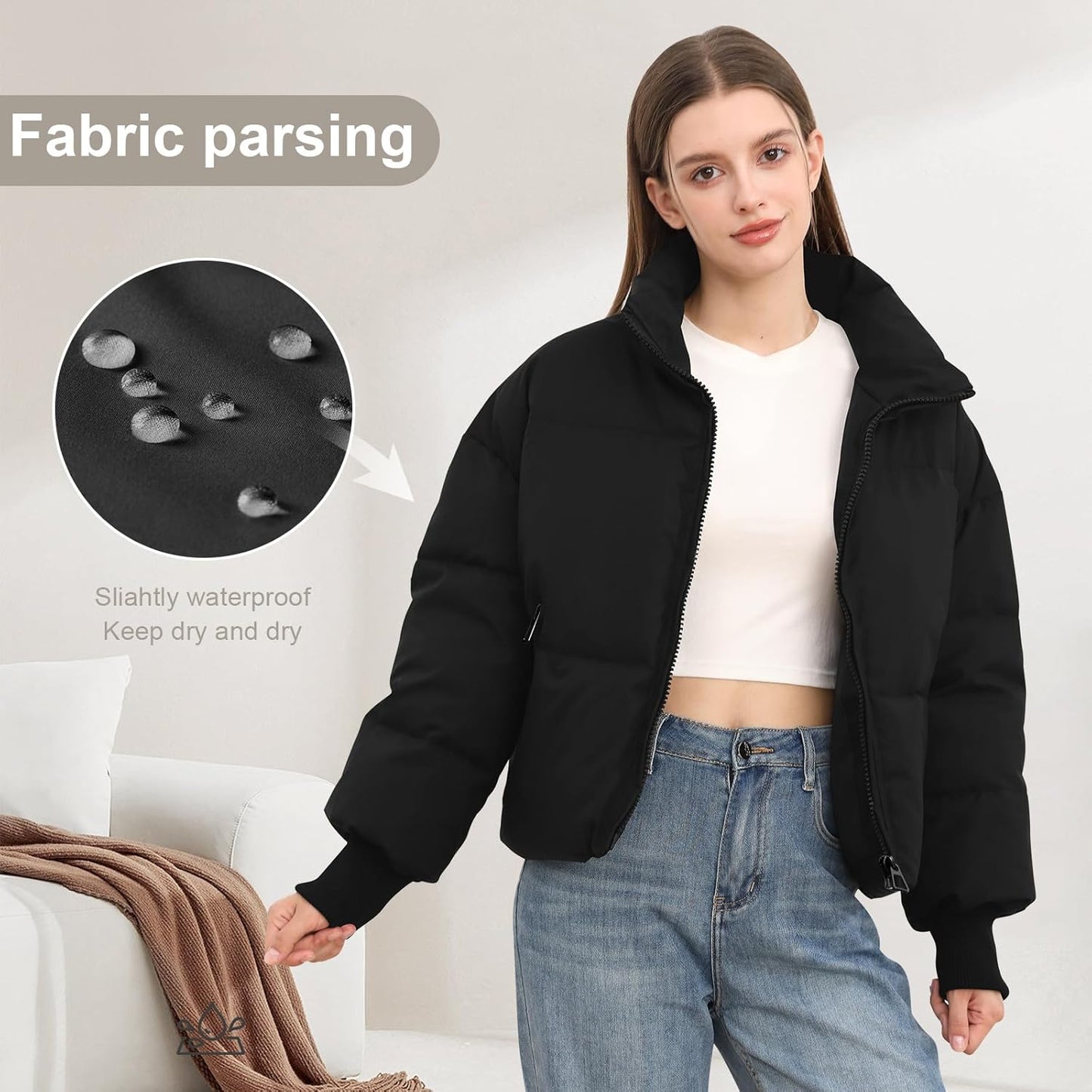 Front view of quilted baggy puffer jacket
