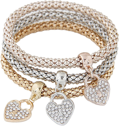 3Pcs Multilayer Crystal Rhinestone Bead Corn Chain Love Heart Tree of Life Bracelet Bangle Set for Women Stretchy Butterfly Animal Bracelet Friendship Jewelry Birthday Gift