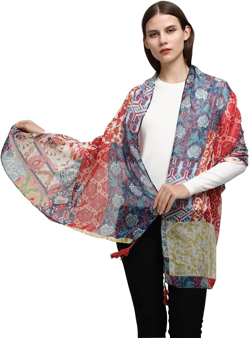 Yeieeo Boho Scarf for Women Lightweight Floral Printed Scarf Fall Winter Fashion Fringed Shawl