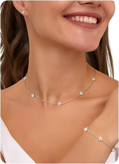 ORAZIO Dainty Silver Gold Jewelry Set for Women Trendy 14K Gold Plated CZ Flowers Pendant Choker Necklaces for Women Stud Earrings Clover Link Bracelets Stack Jewelry Gifts for Wedding Prom Brides