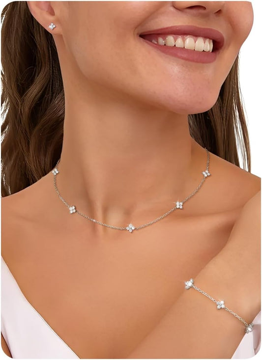 ORAZIO Dainty Silver Gold Jewelry Set for Women Trendy 14K Gold Plated CZ Flowers Pendant Choker Necklaces for Women Stud Earrings Clover Link Bracelets Stack Jewelry Gifts for Wedding Prom Brides