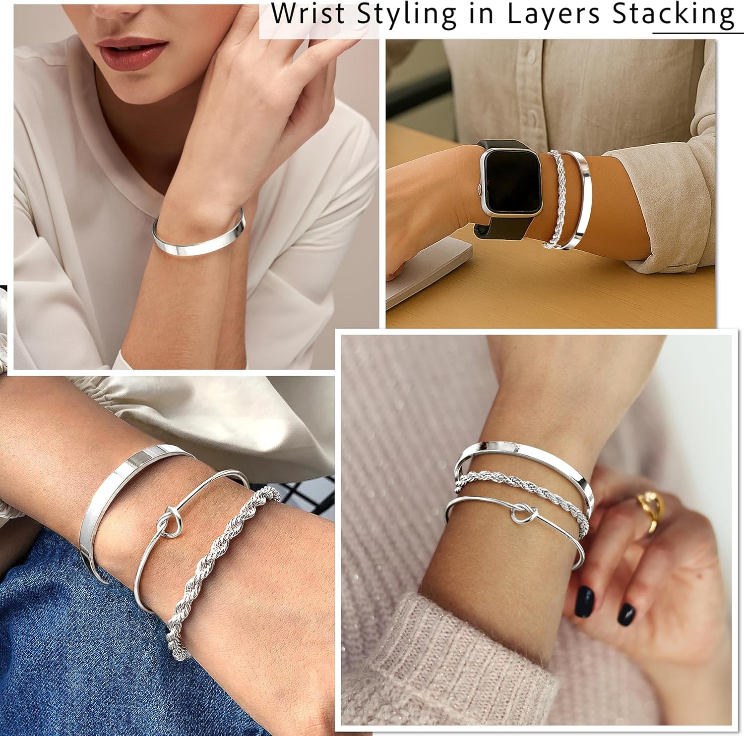Women wearing silver and gold mixed metal bangle stack bracelet