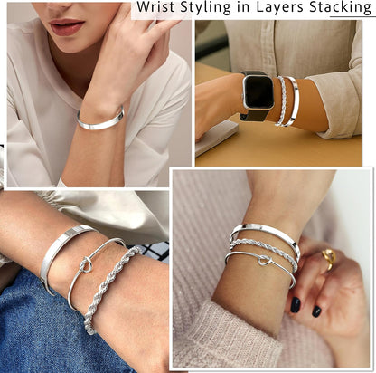 Women wearing silver and gold mixed metal bangle stack bracelet