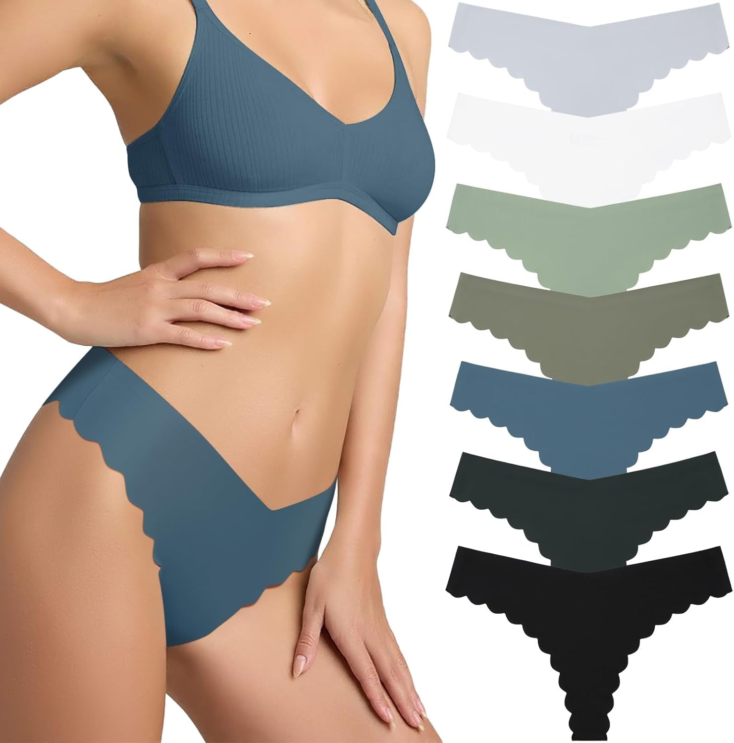 LEVAO seven pack seamless thongs in assorted colors with wavy side design