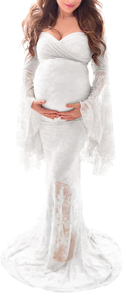 Saslax off Shoulder Lace Maternity Dress for Photography Maxi Maternity Props Dresses for Photo Shoot Baby Shower