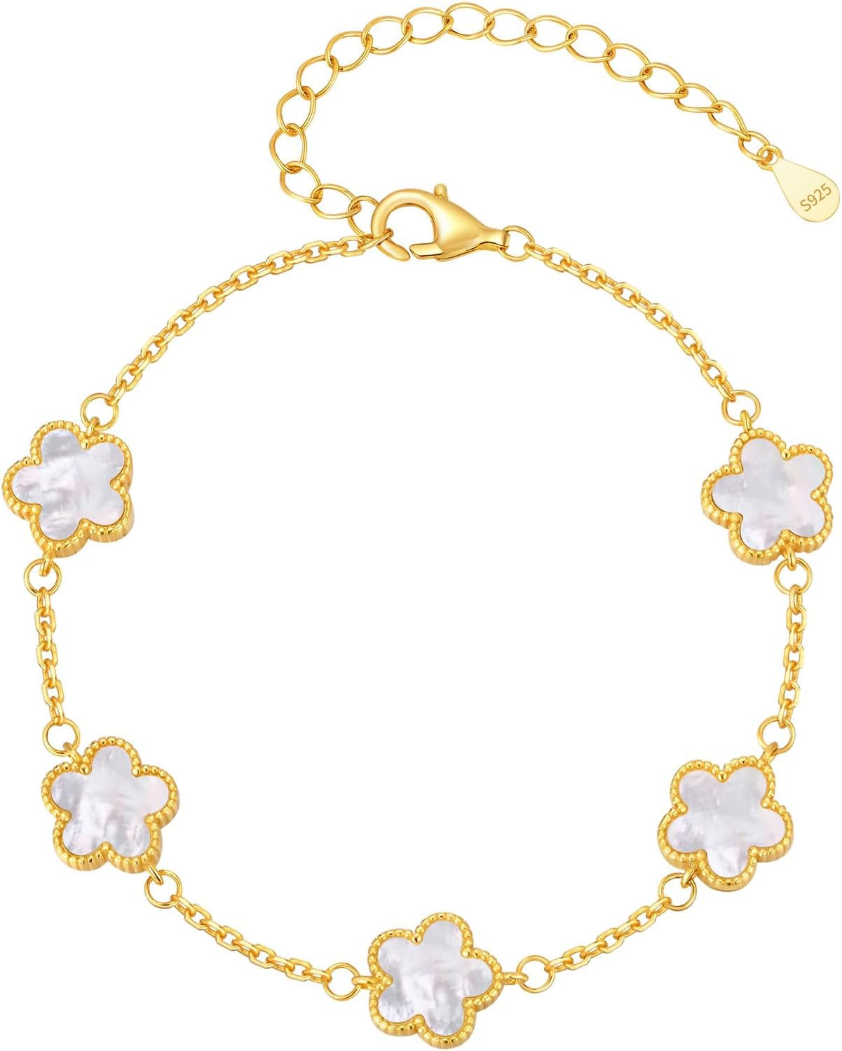 925 Sterling Silver Four Leaf Clover Bracelet for Women - 14K Gold Plated Flower Four Leaf Women'S Lucky Bracelet Adjustable Link Chain Bracelets Charm Trendy Design Dainty Jewelry Gifts for Women