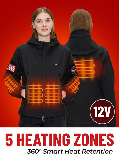 Heat zone areas highlighted on women's 12V heated coat