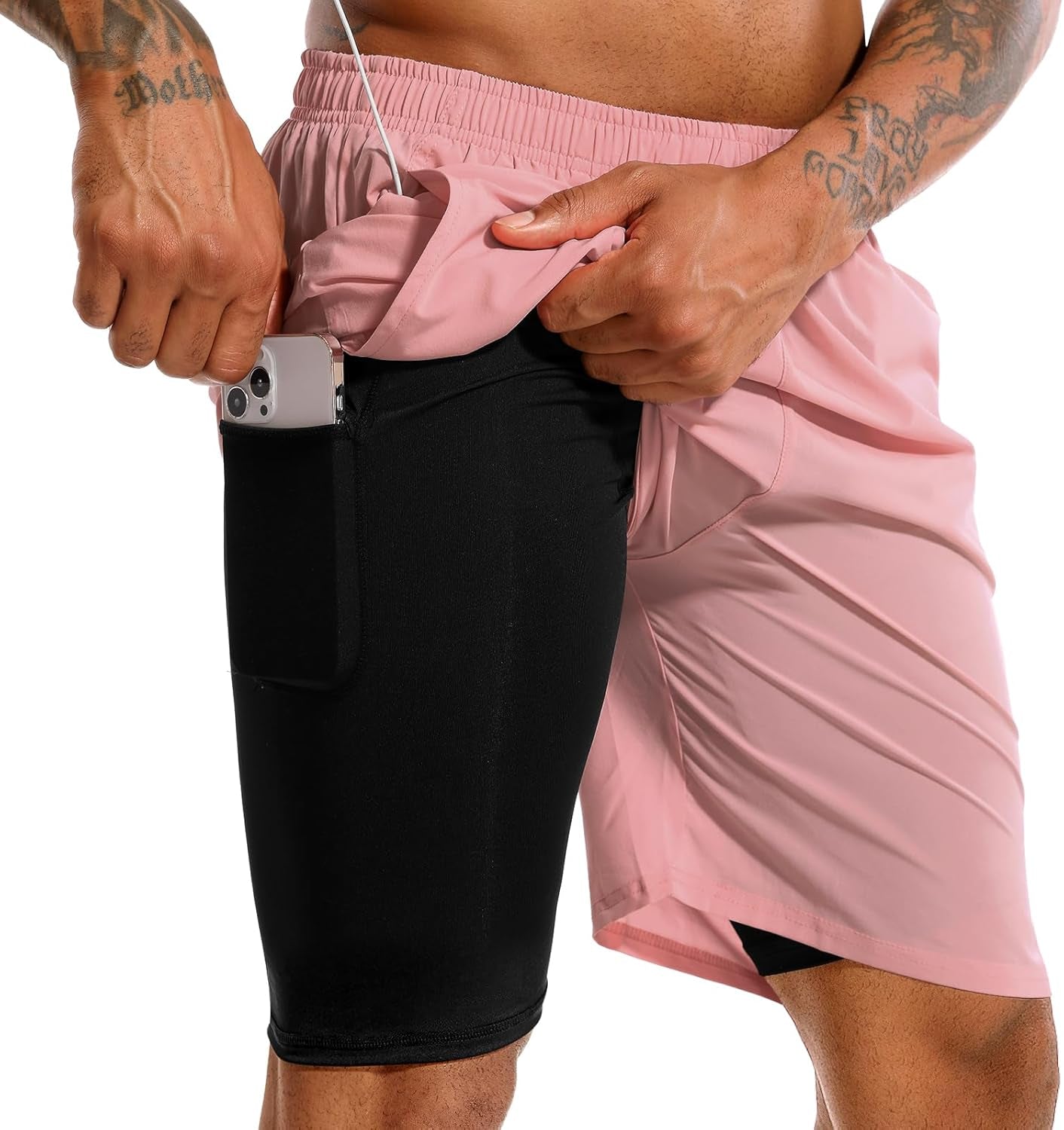 Athletic workout shorts flat lay showing product construction