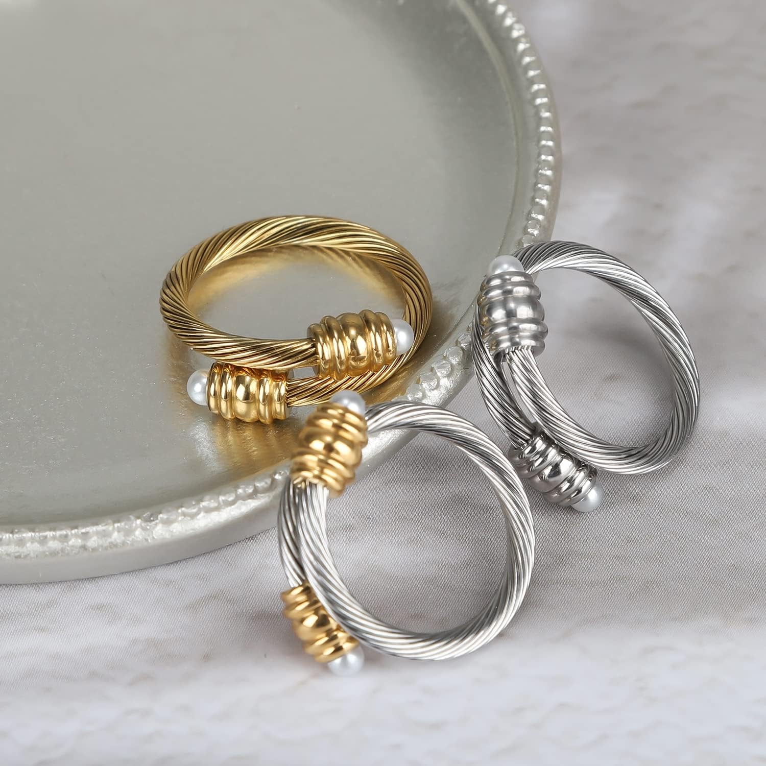 Cable Ring, a Cuff Pearl Ring Designed to Fit Finger Circumference between 70Mm-90Mm