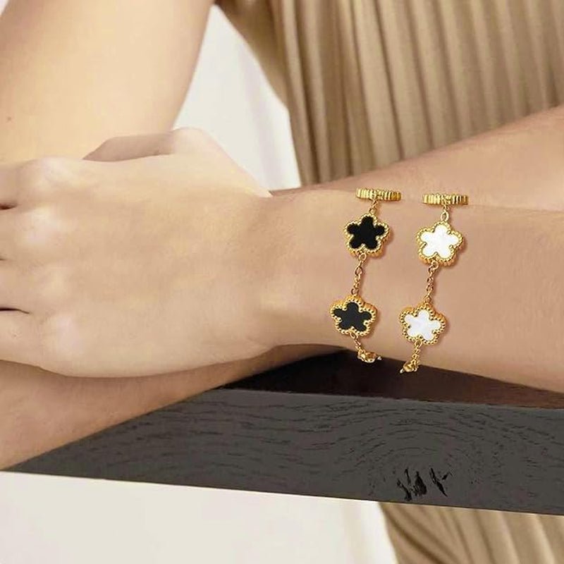 18K Gold Plated Clover Bracelet Set for Women,White Black Fashion Four Leaf Clover Lucky Bracelets,Trendy Link Bracelets Set Jewelry Gifts for Women