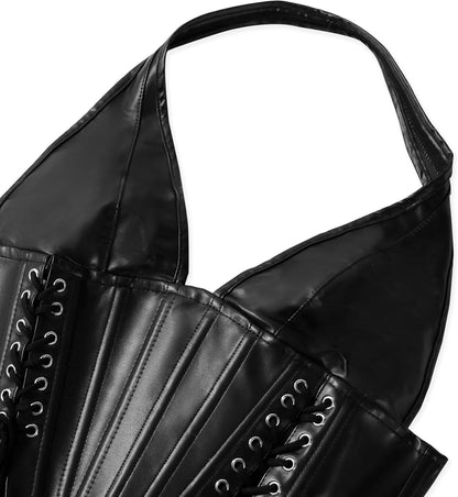 Front view of leather corset top with halter neckline and shapewear support