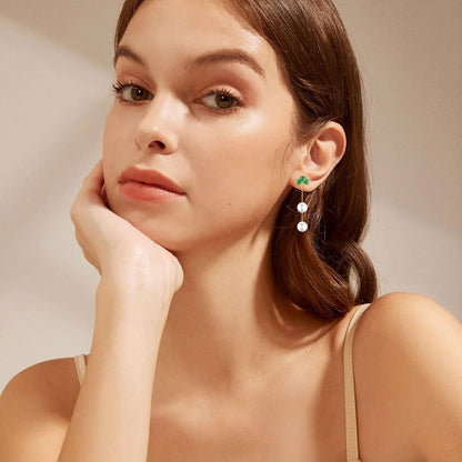 SISGEM 14K Gold Pearl Four Clover Bracelet and Earrings for Women, Lucky Jewekry Gifts for Her