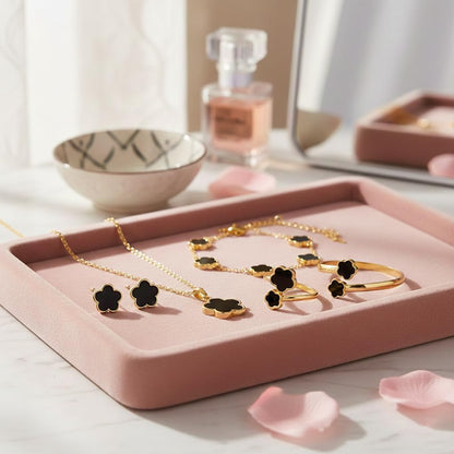 Clover Jewelry Set for Women Non Tarnish Gold-Tone Five Leaf Clover Necklace, Earrings, Ring, Bracelet Fashion Simple Floral Jewelry Set