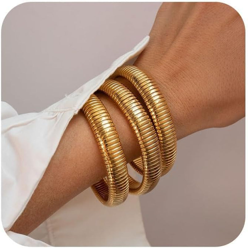 Three chunky 24K gold plated stretch bangles displayed together