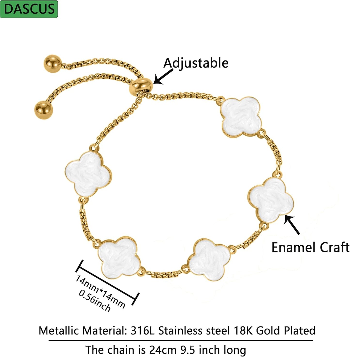 Clover Bracelet for Women 18K Gold Plated White/Black/Gold Flower Four Leaf Clover Bracelets Trendy Adjustable Jewelry Luky Gifts for Women