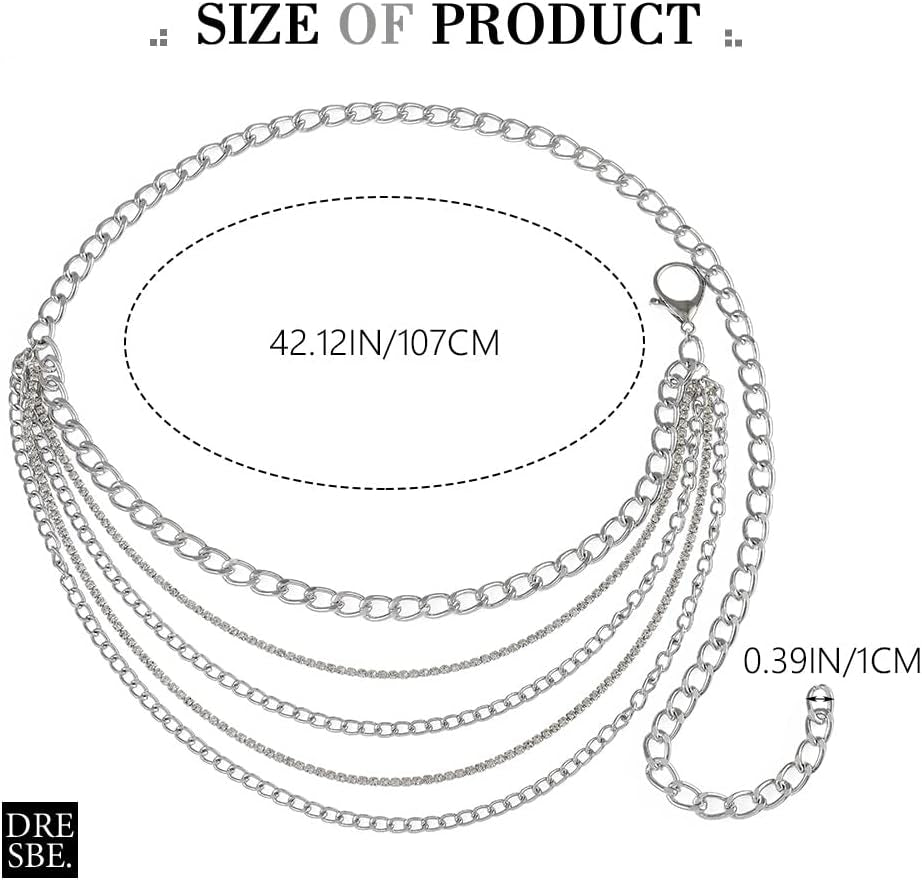 DRESBE Silver Chain Belt Rhinestone Waist Chains Boho Belly Body Chain Jewelry for Women