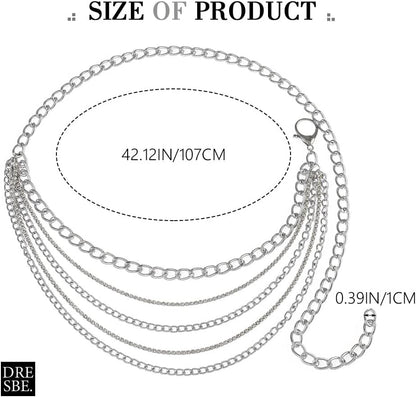DRESBE Silver Chain Belt Rhinestone Waist Chains Boho Belly Body Chain Jewelry for Women