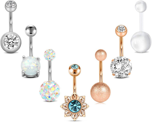 FECTAS 14G Belly Button Rings Surgical Steel CZ with Retainers Navel Ring Barbell for Women Body Piercing Jewelry Rose Gold Silver