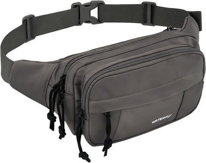 WATERFLY Fanny Pack Waist Packs: Large Crossbody Fanny Packs for Women Men with 5 Zipper Pockets Adjustable Strap Waist Bags Hip Pack for Traveling Cycling Running Hiking-Black