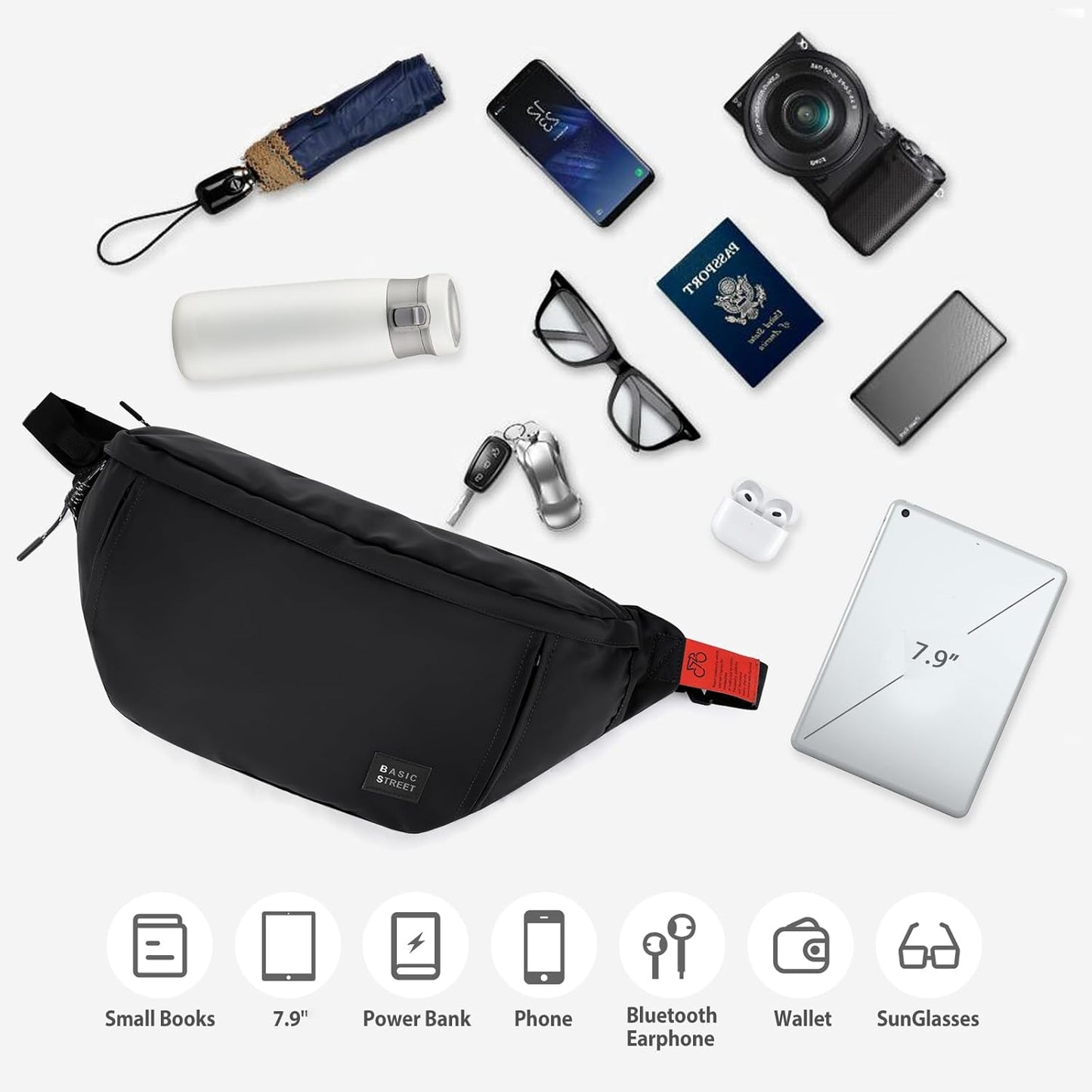 Crossbody fanny pack with phone inserted in main pocket