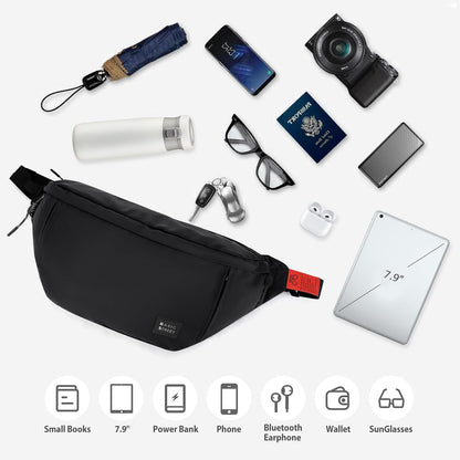 Crossbody fanny pack with phone inserted in main pocket