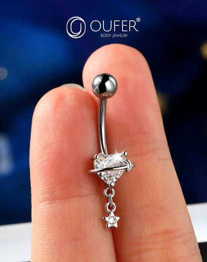 OUFER Dangle Belly Button Rings, 316L Surgical Steel Belly Rings for Women, 14G Heart Navel Piercing Jewelry, Star Dangling Clear CZ Curved Barbells Silver/Gold 10MM
