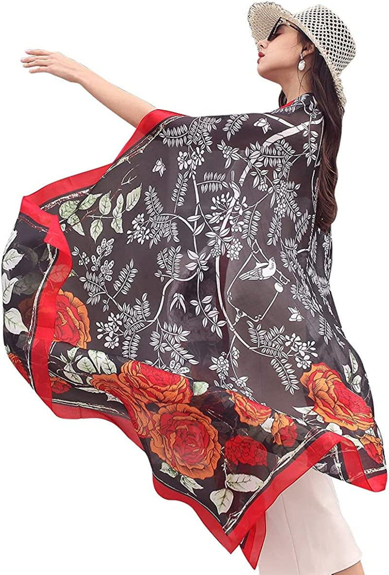 DANA XU Long Silk Fashion Oblong Floral Oversize Soft Scarf Wedding Shawls Beach Wraps Bandana Scarves for Women Apparel & Accessories > Clothing Accessories > Scarves & Shawls DANA XU 42 Red&black  