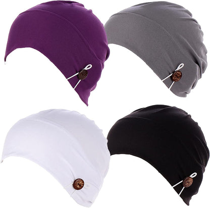 Qianmome 2-4 Pack Beanie with Button for Women Men Nurse,Working Hat,Chemo Caps for Cancer Patients Apparel & Accessories > Clothing Accessories > Headwear Qianmome 1b08-purple&gray&white&black  