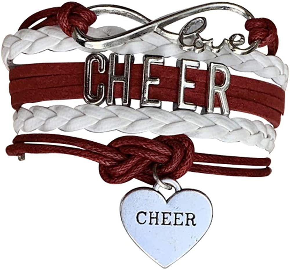 Cheer Charm Bracelet- Girls Infinity Love Adjustable Cheerleading Jewelry in Team Colors for Cheerleaders Apparel & Accessories > Jewelry > Bracelets Sportybella Maroon/White  