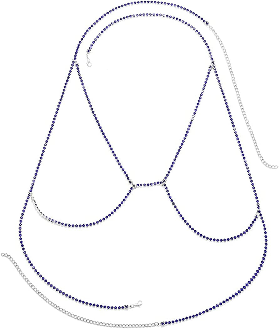 Woeoe Rhinestone Chain Bra Crystal Body Chains for Women Necklace Sexy Bikini Nightclub Body Chain Jewelry Apparel & Accessories > Jewelry > Body Jewelry Woeoe blue  