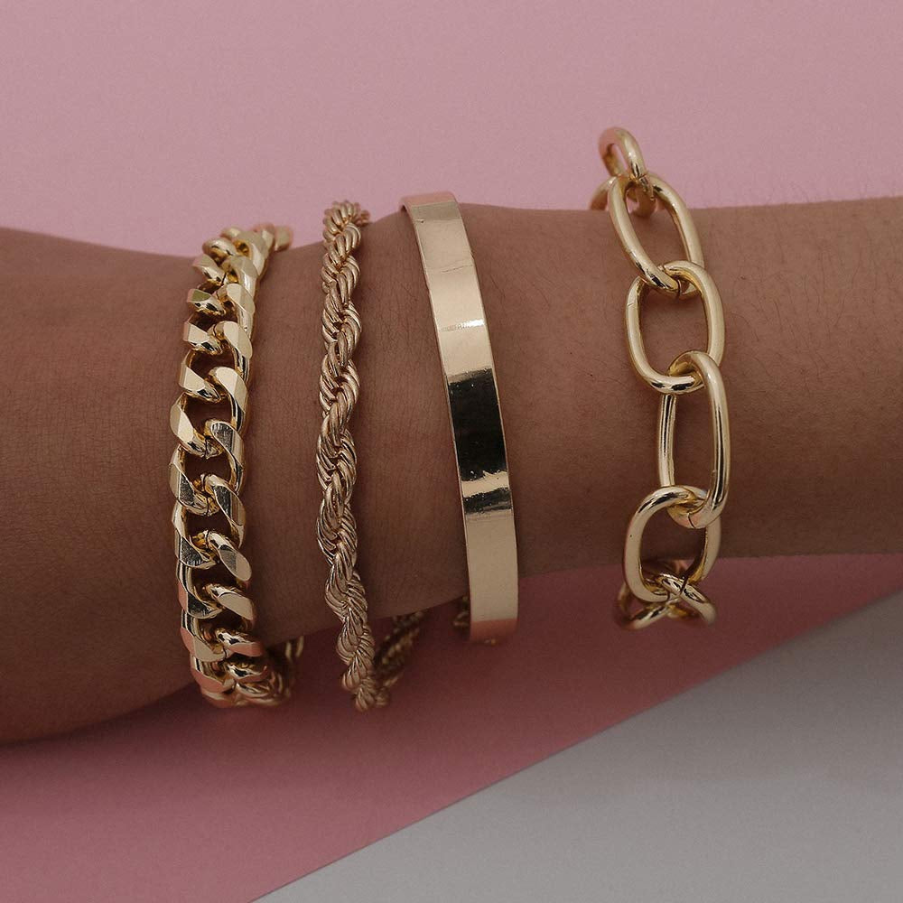 Fxmimior Dainty Boho Gold Silver Chain Bracelets Set for Women Adjustable Fashion Beaded Chunky Flat Cable Chain Punk Bracelets Jewelry for Women Girls Gift Set of 4 (Gold) Apparel & Accessories > Jewelry > Bracelets fxmimior   