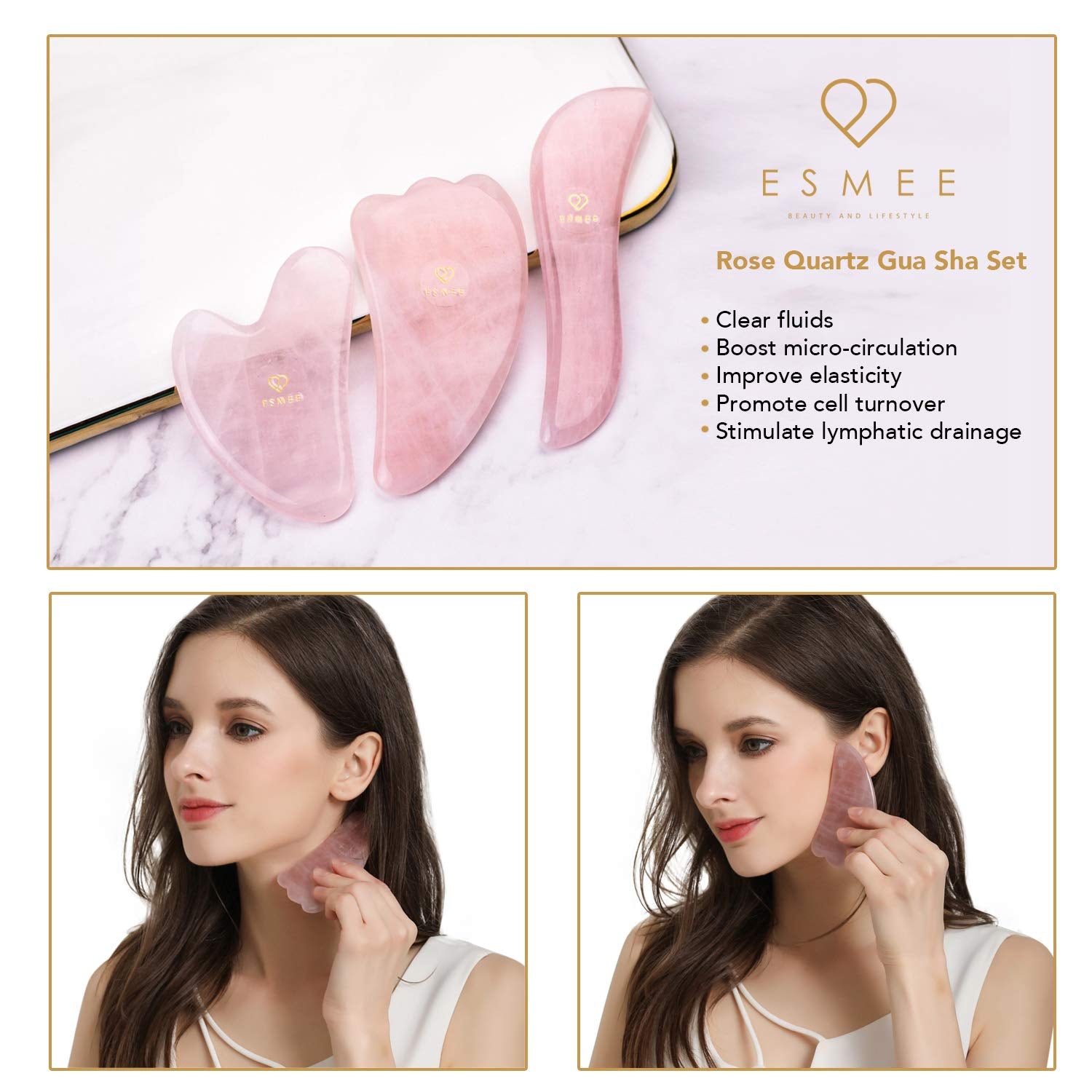 Rose Quartz Gua Sha Facial Tool Set by Esmee | 3 in 1 Premium Guasha Kit | 100% Real Rose Quartz Crystal | Anti-Aging Beauty Therapy for Massage and Skin Rejuvenation (Rose Quartz) Health & Beauty > Personal Care > Cosmetics > Cosmetic Tools > Skin Care Tools Esmee Beauty and Lifestyle   