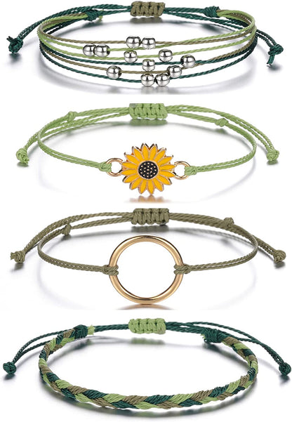 Top Plaza 4 Pcs Summer Surfer Wave Anklet Bracelets for Women Adjustable Strand Braided String Rope Bracelets Sunflower Friendship Bracelets Ocean Beach Jewelry for Women Teen Girls Apparel & Accessories > Jewelry > Anklets Top Plaza Atrovirens -4 Pcs  
