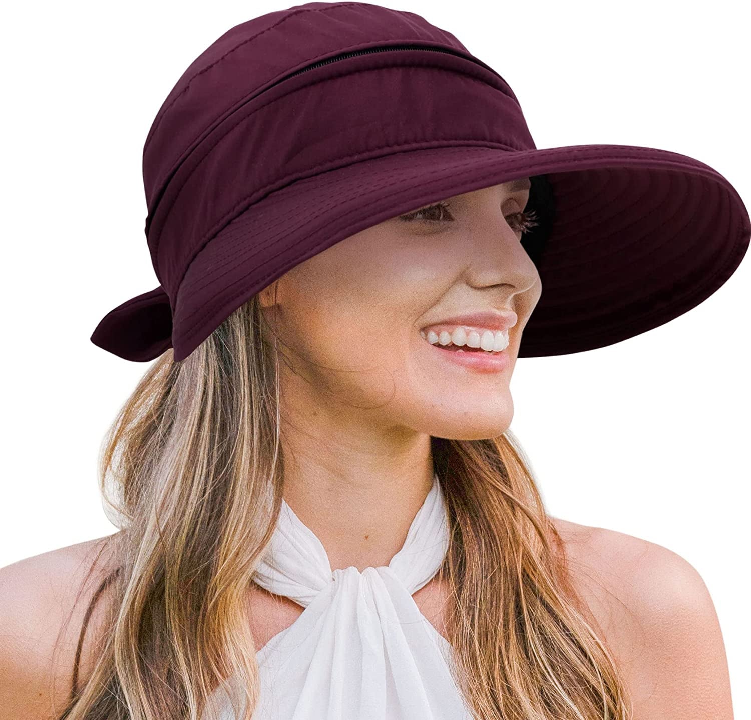 Verabella Womens Beach Hat Summer Lightweight Sun Hat for Hiking Sun Protection 2 in 1 Visor Sun Protection Hat Apparel & Accessories > Clothing Accessories > Hats Verabella Burgundy  