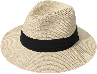 Lanzom Women Wide Brim Straw Panama Roll up Hat Belt Buckle Fedora Beach Sun Hat UPF50+ Apparel & Accessories > Clothing Accessories > Hats Lanzom 01-fold Belt Khaki One Size 