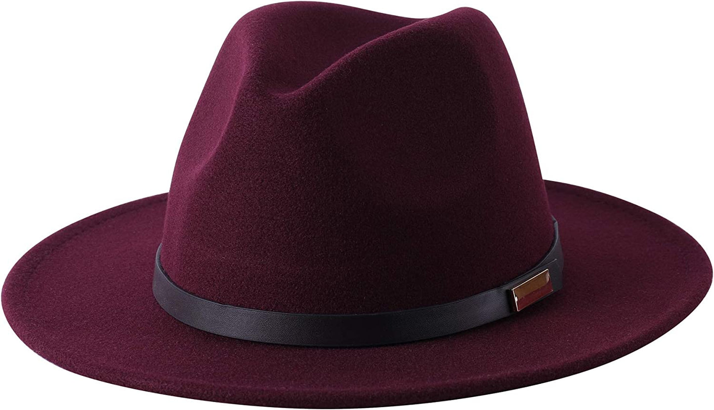 Lanzom Women Lady Retro Wide Brim Floppy Panama Hat Belt Buckle Wool Fedora Hat Apparel & Accessories > Clothing Accessories > Hats Lanzom 01-wine Red One Size 