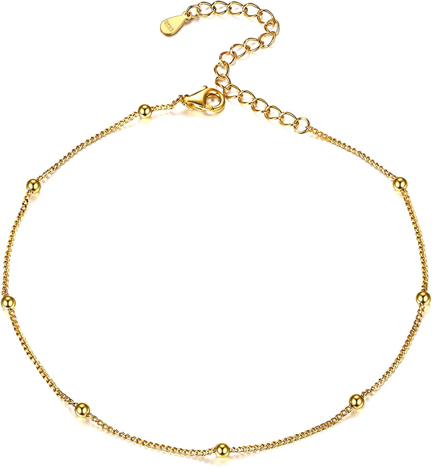 Chicsilver 925 Sterling Silver Ankle Bracelet for Women, Simple Durable Cuban Link/Figaro/Twist Rope Chain Anklets for Beach Party(With Gift Box) Apparel & Accessories > Jewelry > Anklets ChicSilver Jewelry F: Bead Chain-Gold  