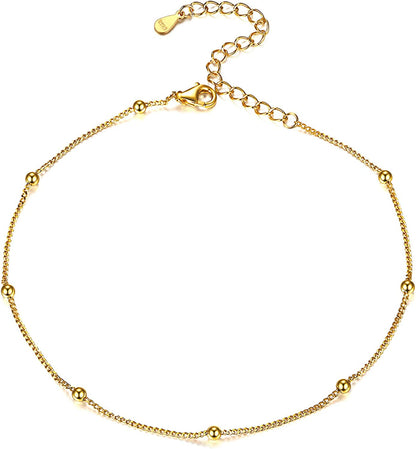 Chicsilver 925 Sterling Silver Ankle Bracelet for Women, Simple Durable Cuban Link/Figaro/Twist Rope Chain Anklets for Beach Party(With Gift Box) Apparel & Accessories > Jewelry > Anklets ChicSilver Jewelry F: Bead Chain-Gold  