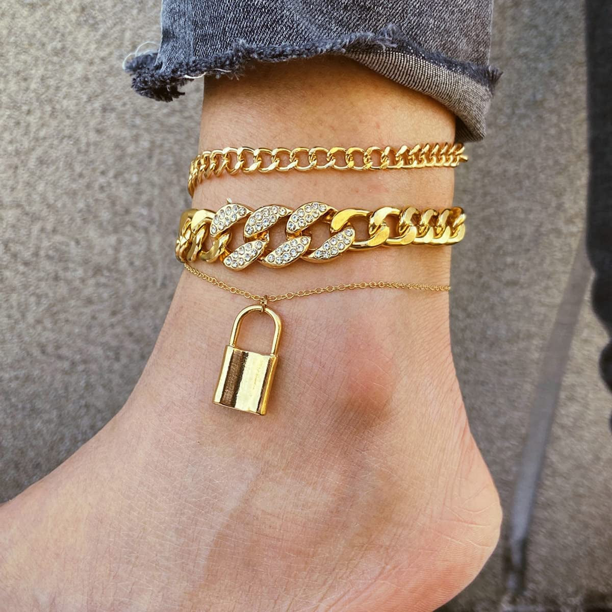 Ronglry 5Pcs Gold Ankle Bracelets for Women Girls Cuban Link Ankle Bracelet Cuban Chain Anklet Butterfly Anklet Set Rhinestone Tennis Anklet Adjustable Layered Link Anklets Summer Beach Gifts Apparel & Accessories > Jewelry > Anklets Ronglry   