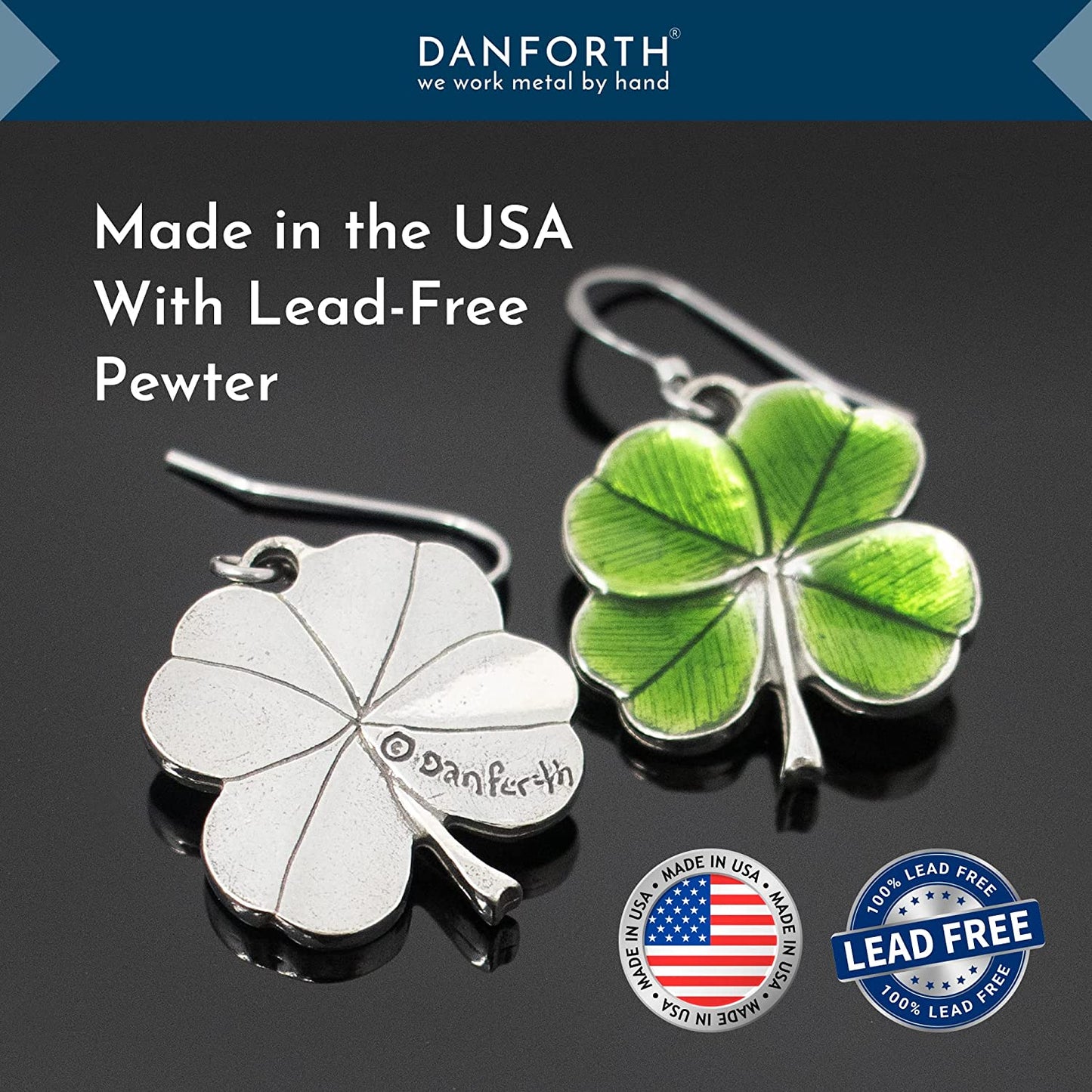DANFORTH – Green Four Leaf Clover Earrings, Shamrock Dangle Earrings, Handcrafted Pewter 4 Leaf Clover Earrings for Women, ¾”, Made in USA Apparel & Accessories > Jewelry > Earrings Danforth   