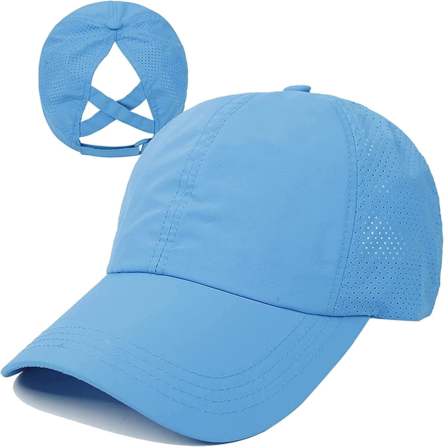 HGGE Womens Criss Cross Ponytail Baseball Cap Adjustable High Messy Bun Ponycap Quick Drying Hat Apparel & Accessories > Clothing Accessories > Hats HGGE Blue  