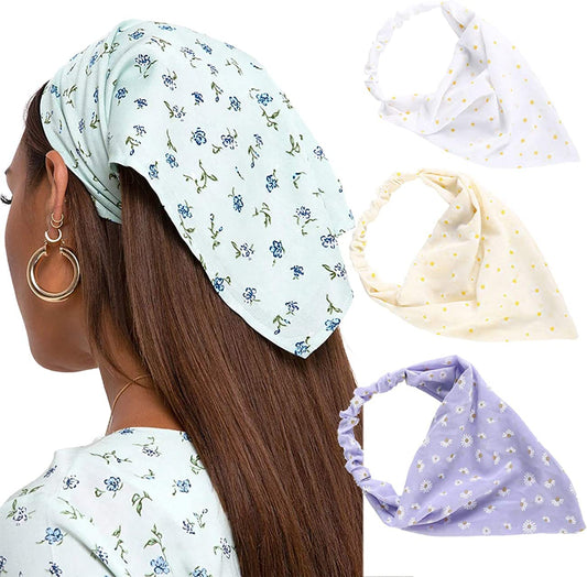 Floral Elastic Hair Scarf Headband - 3 PCS Chiffon Head Kerchief Headband Floral Hair Scarves with Hair Clips Hair Bandanas Apparel & Accessories > Clothing Accessories > Bandanas & Headties AWAYTR White/Beige/Purple  