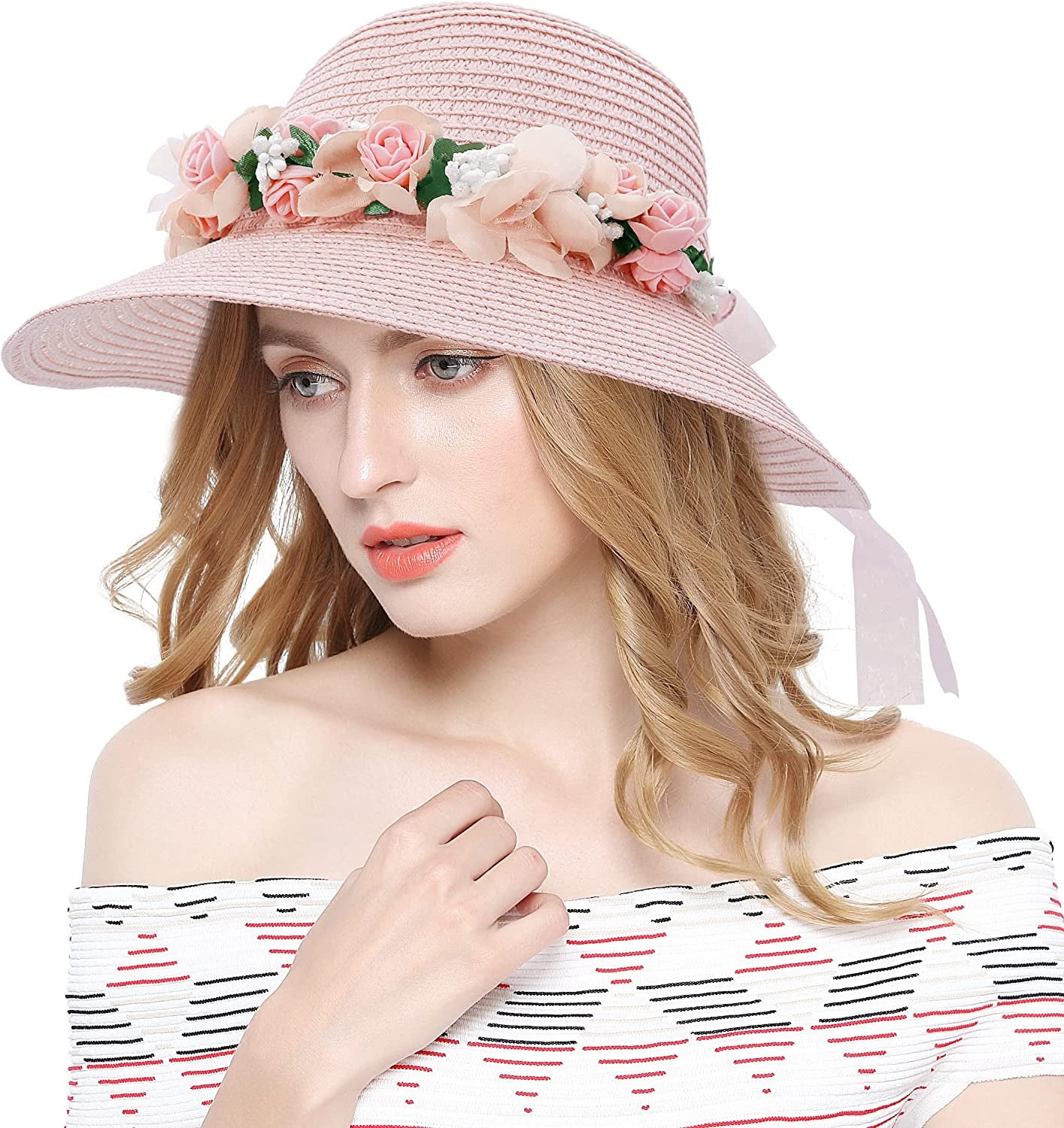 Lovful Fashion Flower Lace Ribbon Wide Brim Caps Summer Beach Sun Protective Hat Straw Hats for Women Apparel & Accessories > Clothing Accessories > Hats KYLIE MAX Pink  