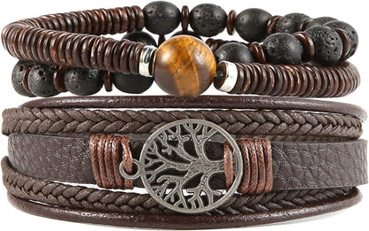 HZMAN Genuine Leather Tree of Life Bracelets Men Women, Tiger Eye Natural Stone Lava Rock Beads Ethnic Tribal Elastic Bracelets Wristbands Apparel & Accessories > Jewelry > Bracelets HZMAN Tiger Eye Stone -- Brown  