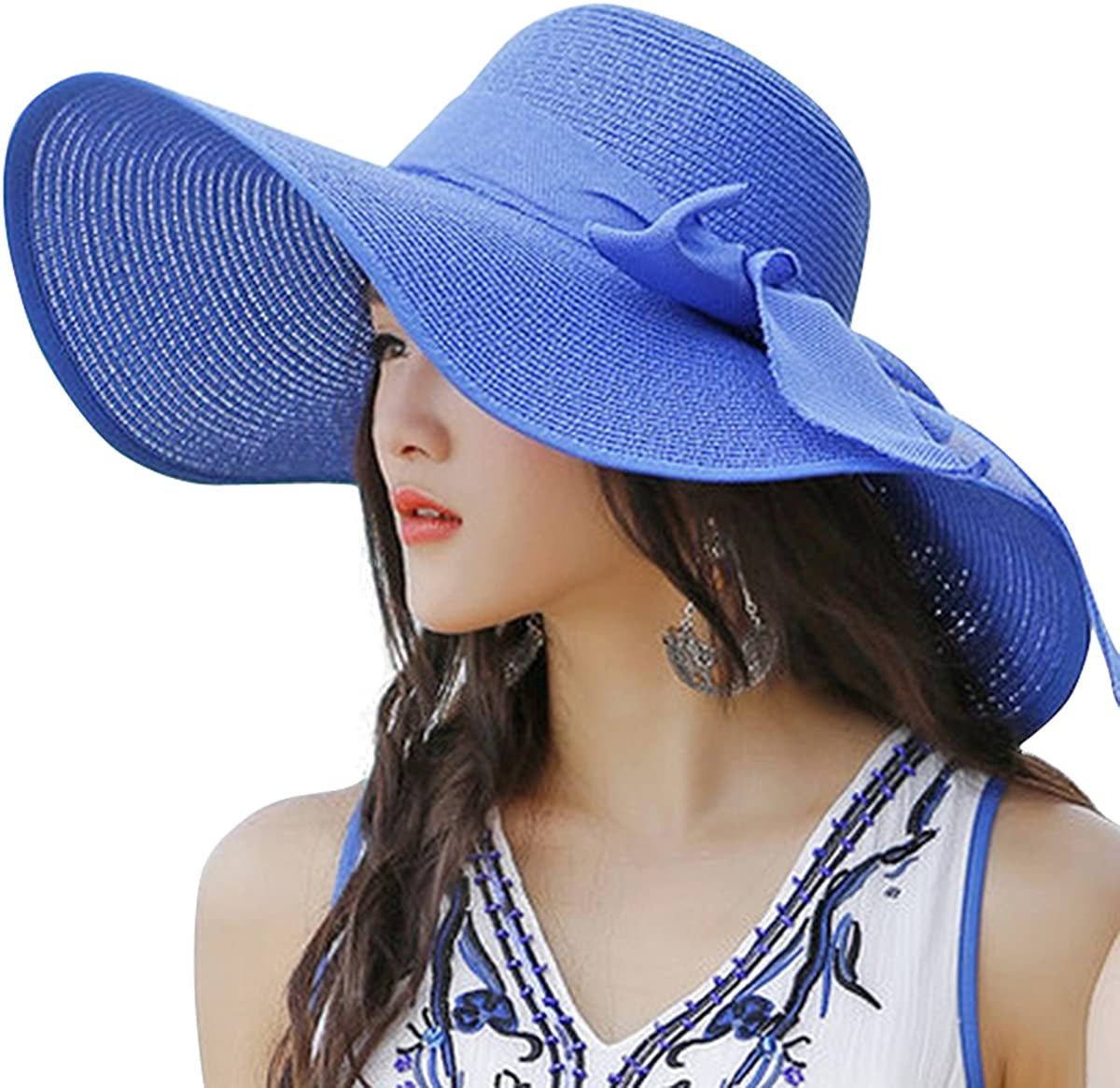 Lanzom Womens 5.5 Inches Big Bowknot Straw Hat Large Floppy Foldable Roll up Beach Cap Sun Hat UPF 50+ Apparel & Accessories > Clothing Accessories > Hats Lanzom Royal Blue One Size 