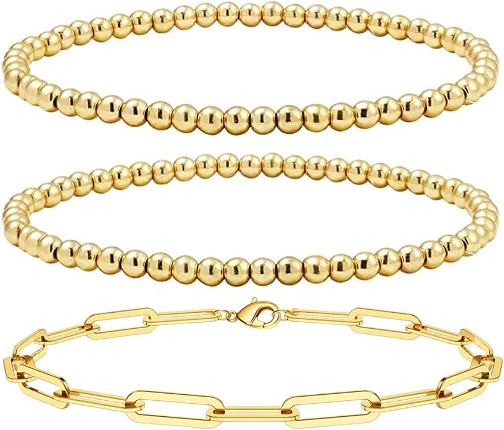 Reoxvo Dainty Gold Beaded Bracelets Set for Women 14K Gold Plated Stackable Bracelets for Women Elastic Stretch Gold Bracelet Trendy Jewelry Apparel & Accessories > Jewelry > Bracelets Reoxvo A:4mm+4mm+paperclip chain  