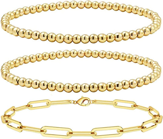 Reoxvo Dainty Gold Beaded Bracelets Set for Women 14K Gold Plated Stackable Bracelets for Women Elastic Stretch Gold Bracelet Trendy Jewelry Apparel & Accessories > Jewelry > Bracelets Reoxvo A:4mm+4mm+paperclip chain  