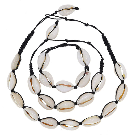 Cowrie Shell Necklace with Matching Seashell Anklet and Bracelet, VSCO Girl Accessories Set for Teen Girls, Aesthetic Beach Jewelry for Women Apparel & Accessories > Jewelry > Anklets KYLIE MAX Black  