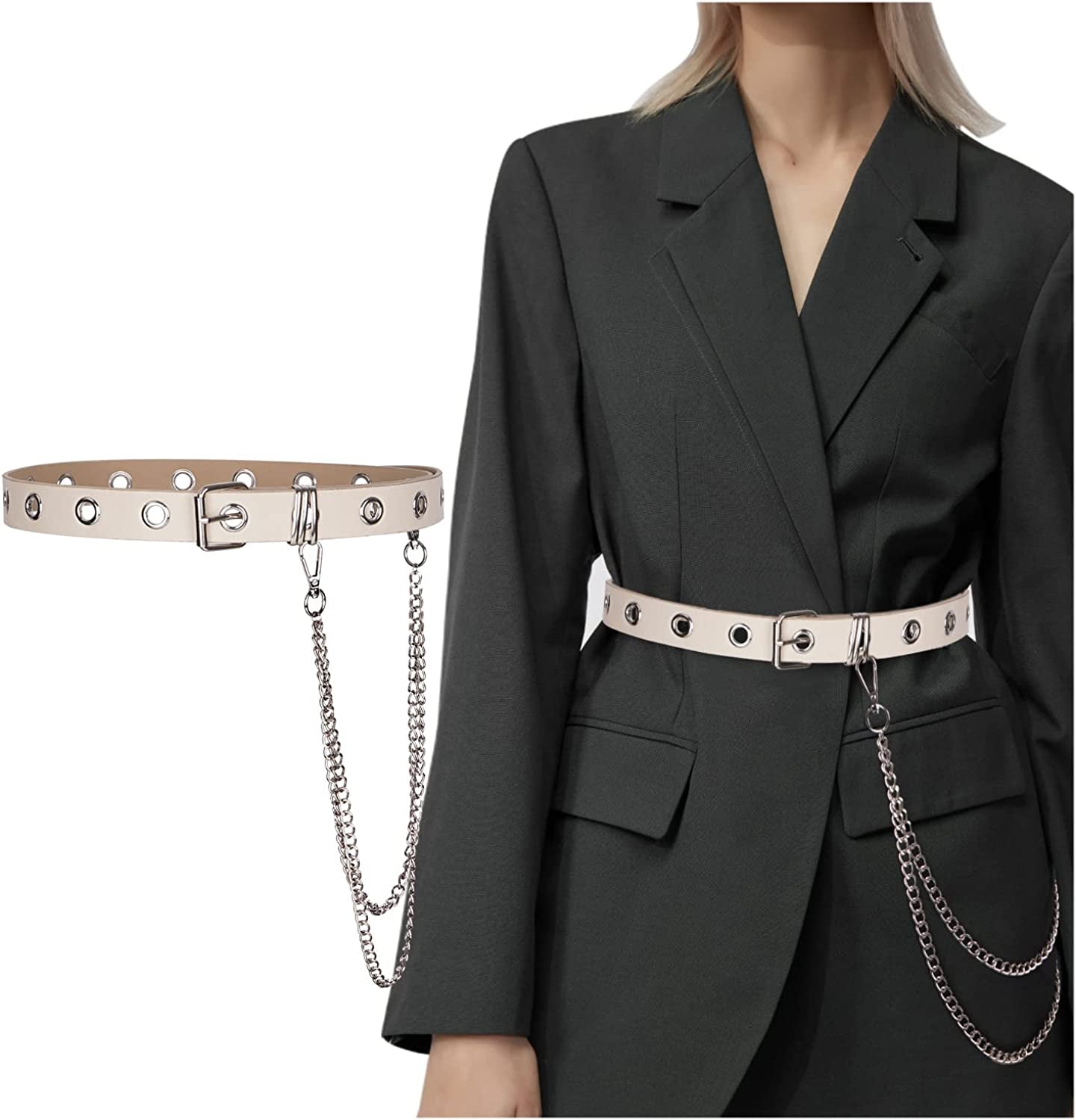 FIORETTO Grommet Leather Belt with Detachable Chain Women Men Punk Rock Waist Belts for Jeans Pants Apparel & Accessories > Clothing Accessories > Belts FIORETTO   
