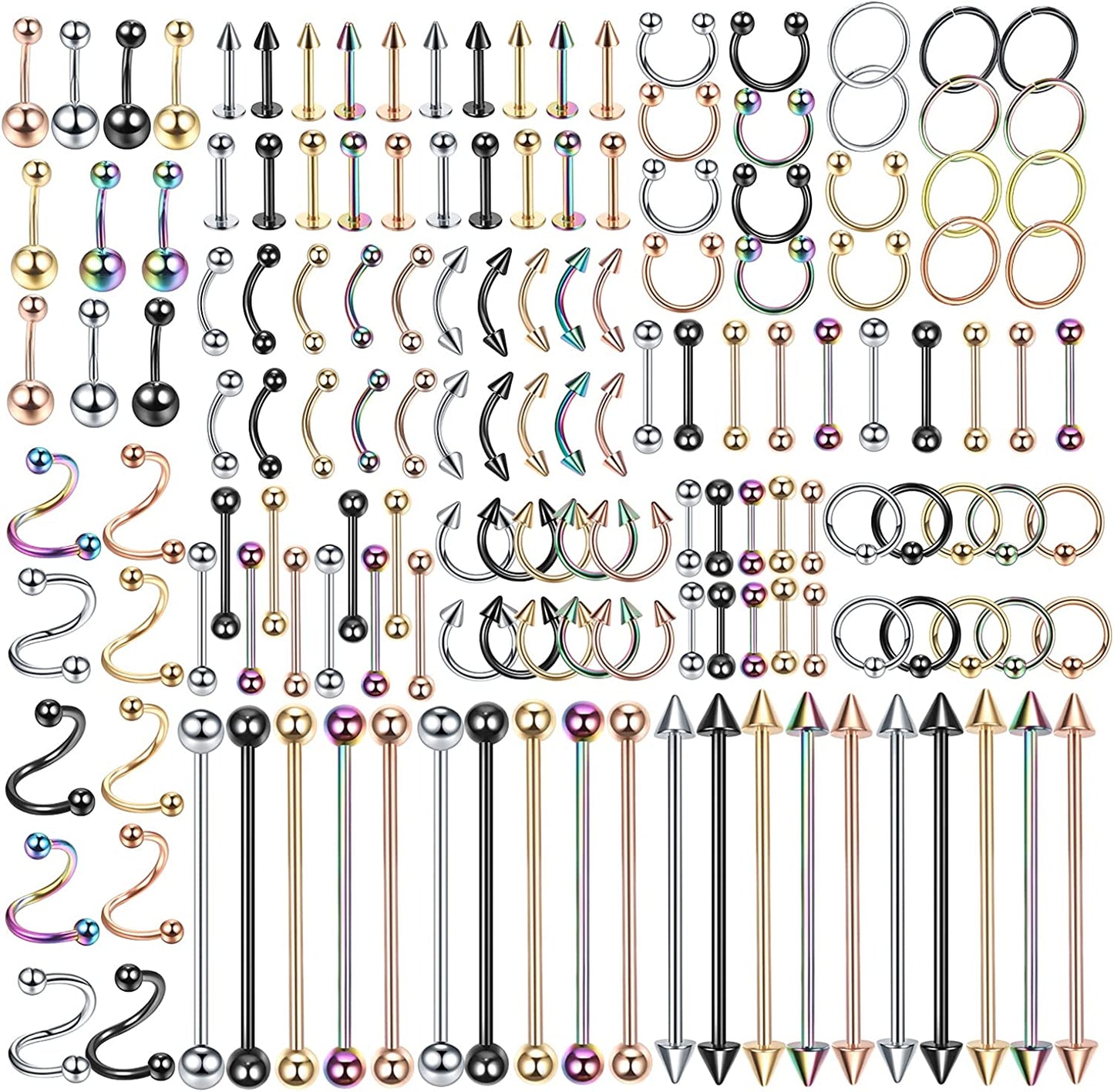 Oveta 55-150PCS Body Piercing Jewelry Lot 14G 16G 20G Stainless Steel Nose Lip Tongue Cartilage Tragus Eyebrow Industrial Barbell Belly Button Rings Piercing Kit Jewelry Apparel & Accessories > Jewelry > Body Jewelry Oveta 150pcs-Mixed Color  